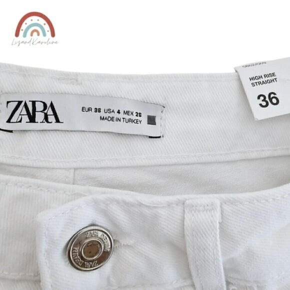 New! Zara High Rise Straight Leg Distressed Button Fly Rigid White Jeans - Picture 12 of 14